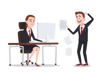 Office Worker Came With a Report to his Boss. Characters Set. Cartoon Style Vector Illustration