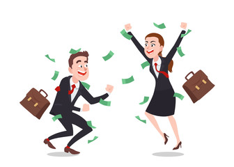 Businessman And Businesswoman Pleased With the Success. People Make More Money. Cartoon Style Vector Illustration