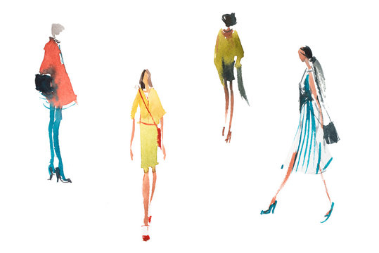 Different types of women top trends in fashion Watercolor illustration Quick sketch drawing.