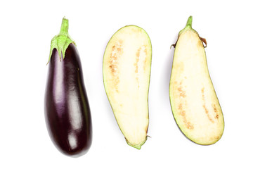 eggplant or aubergine isolated on white background. Top view. Flat lay pattern