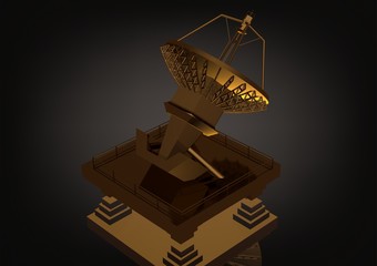 Golden satellite dish on a black