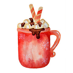 Watercolor christmas cup of coffee with marshmallows isolated on a white background.