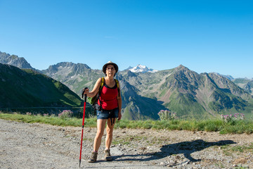woman hiker on the trail of  Pic du Midi de Bigorre in the Pyrenees