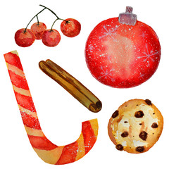 Watercolor christmas objects isolated on a white background. 
