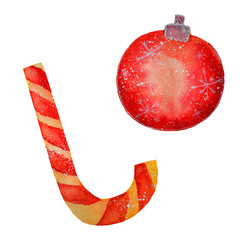 Watercolor christmas objects isolated on a white background. 