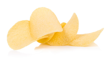 Group of fresh yellow tasty potato chips isolated on white background