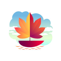 Vector autumn illustration. A boat with a sail in the form of an autumn leaf.