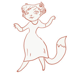 Elegant smiling cat in dress with short hair, big eyes, lips. Pretty female feline cartoon character for design, covers, prints, posters, surface. Going, walking figure, dancing. Pets, animals