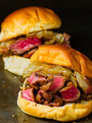 rustic steak sandwich with onions