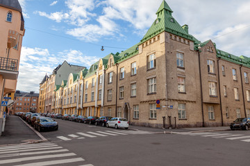 Street in the center of Helsinki, the capital of Finland, the standard city landscape