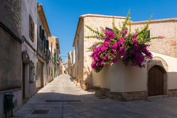 View of a narrow street in the old town of Alcudia, Mallorca, Spain