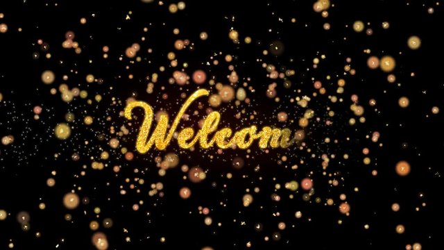 Welcome Abstract particles and fireworks greeting card text with shiny black background for festivals,events,holidays,party,celebration.