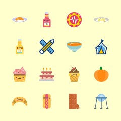 food vector icons set. cupcake, utensils, ketchup and salmon in this set