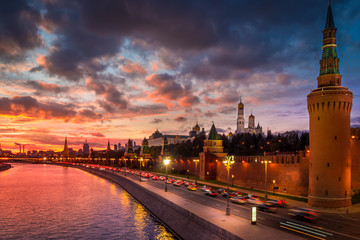 Sunset view of Moscow Kremlin and Moscow River.