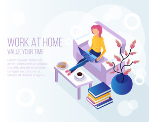 Woman freelancer sitting at home coach and  taping on laptop working. Online freelance work. Vector flat cartoon isolated banner illustration