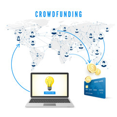 Crowdfunding concept. Idea is share in the network and people donate money for project development. Light bulb on laptop screen idea and coins falling on credit card donations. Vector illustration