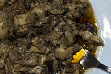 Delicious mushroom stew. Tasty stew prepared after a long mountain pass.