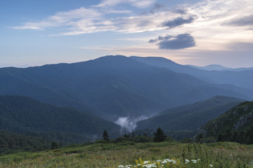 Obraz premium Beautiful mountain view from the hills on the path to the Eho hut. The Troyan Balkan is exceptionally picturesque and offers a combination of wonderful mountain scenery, fresh air.