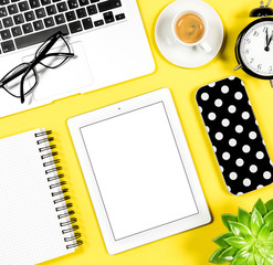 Flat lay social media notebook coffee yellow background
