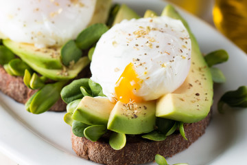 Avocado toast, cherry tomato on wooden background. Breakfast with toast avocado, vegetarian food, healthy diet concept. Healthy sandwich with avocado and poached eggs.