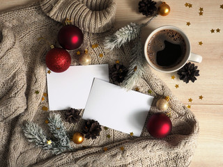 Christmas holidays mock-up two greeting cards. Winter composition empty Christmas cards on stylish...