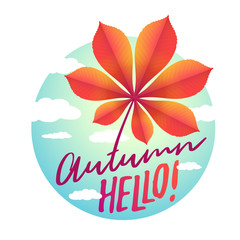 Obraz premium Golden autumn fallen leaf of chestnut and text Autumn time. Vector