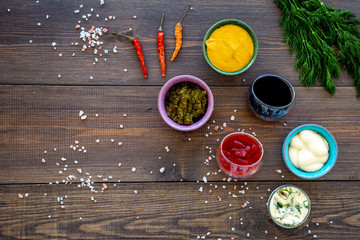 Ingredients for dishes. Dip sause, dressing. Ketchup, mayonnaise, mustard, soy sauce, barbecue...