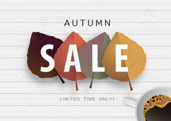 Autumn sale background with colorful leaf on wood texture vector or illustration