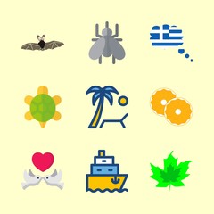 tropical vector icons set. love birds, orange, ship and fig leaf in this set