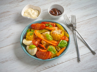 Vegetables roasted on the grill. Rustic food.