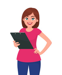 Young woman holding clipboard. Vector illustration in cartoon style.