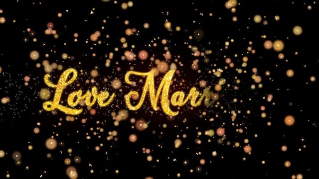 Love Marriage Abstract particles and fireworks greeting card text with shiny black background for festivals,events,holidays,party,celebration.
