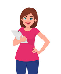 Young woman holding tablet computer. Vector illustration in cartoon style.