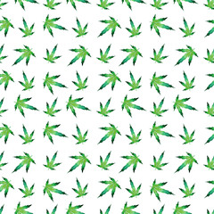 Watercolor marijuana leaves seamless pattern. Cannabis background. Dense vegetation of ganja. Hemp isolated on a white background. 