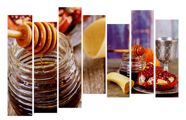 rosh hashanah jewesh holiday concept shofar, torah book, honey, apple and pomegranate. traditional holiday symbols.