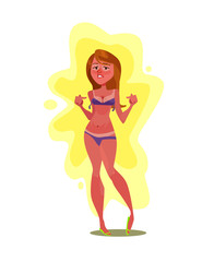 Obraz na płótnie Canvas Unhappy woman character burning on sun sunburn. Vector flat cartoon illustration