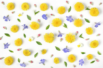 Obraz premium Floral pattern made of yellow dandelion, lilac flowers, pink buds and green leaves isolated on white background. Flat lay. Top view.