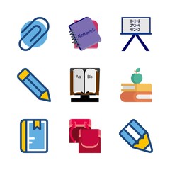 school vector icons set. writing board, school bag for girl, notebook and books in this set