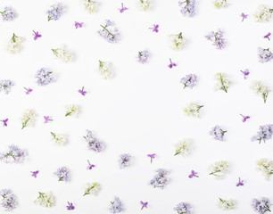 Floral frame made of spring lilac flowers isolated on white background. Top view with copy space. Flat lay.
