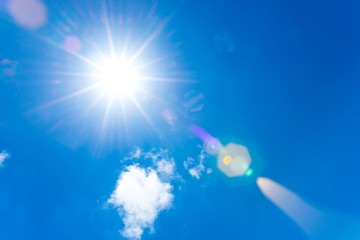 Sonne scheint vom sommerlichen, blauen Himmel, weißes Wölkchen, Sommer