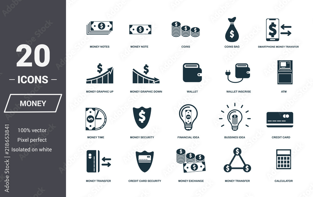 Poster money icons set. premium quality symbol collection. money icon set simple elements. ready to use in 