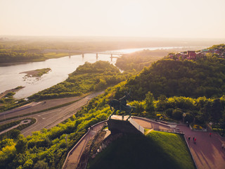 Monument to Salavat Yulayev, Ufa, Bashkortostan, Russia sunset, bird's eye view