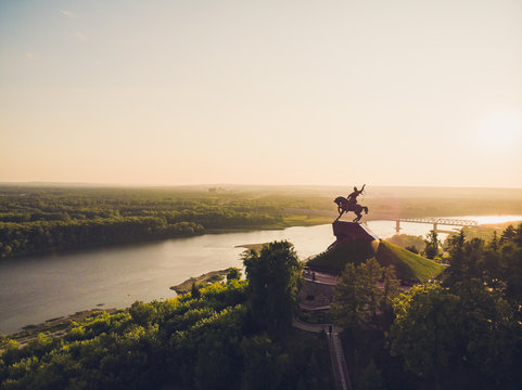 Monument to Salavat Yulayev, Ufa, Bashkortostan, Russia sunset, bird's eye view