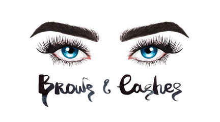 Woman eyes with long eyelashes. Hand drawn watercolor illustration. Eyelashes and eyebrows. Сoncept of eyelash extensions, microblading, mascara,  beauty salon. Blue eyes.