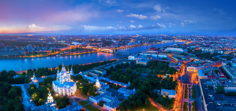 Saint Petersburg. Smolny Cathedral. Petersburg from the heights. Panorama of St. Petersburg. Cities of Russia.  Neva River. Streets of Petersburg. Map of St. Petersburg. Bolsheokhtinsky Bridge.