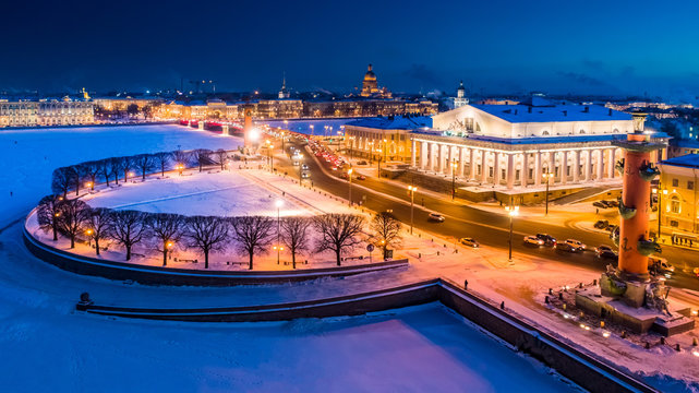 Saint Petersburg. Spit of Vasilyevsky Island. Winter. Panorama of the night Petersburg. Cities of Russia Winter. Petersburg on the eve of the new year. St. Petersburg in the winter. Russia. 