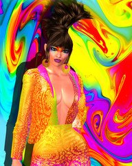 Fototapeta na wymiar Wet paint creates a unique digital art fashion image of a woman with a low cut dress that reveals cleavage in high fashion style. 3D render, not a real person so no model releases necessary.