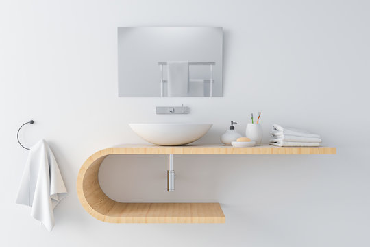 white basin on wooden shelf and mirror on wall, 3D rendering