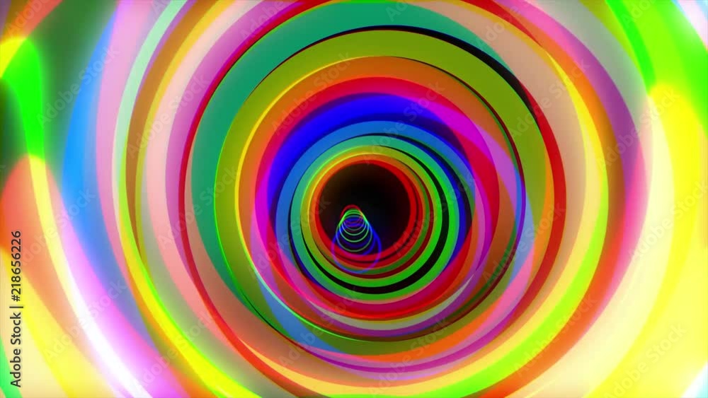 Poster colorful tunnel. animation of flight through color circles. marquee glow colorful rings psychedelic 