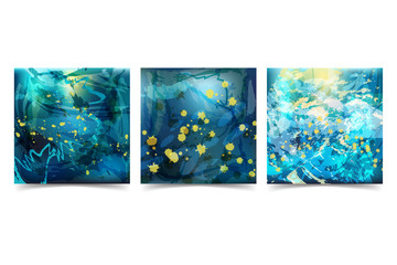 Abstract background chaotic brushstrokes. Abstract marine theme in blue tones.
